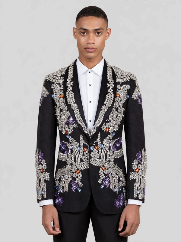 Onyx Silver Gem-Floral Shawl-Collar Tuxedo Jacket 01