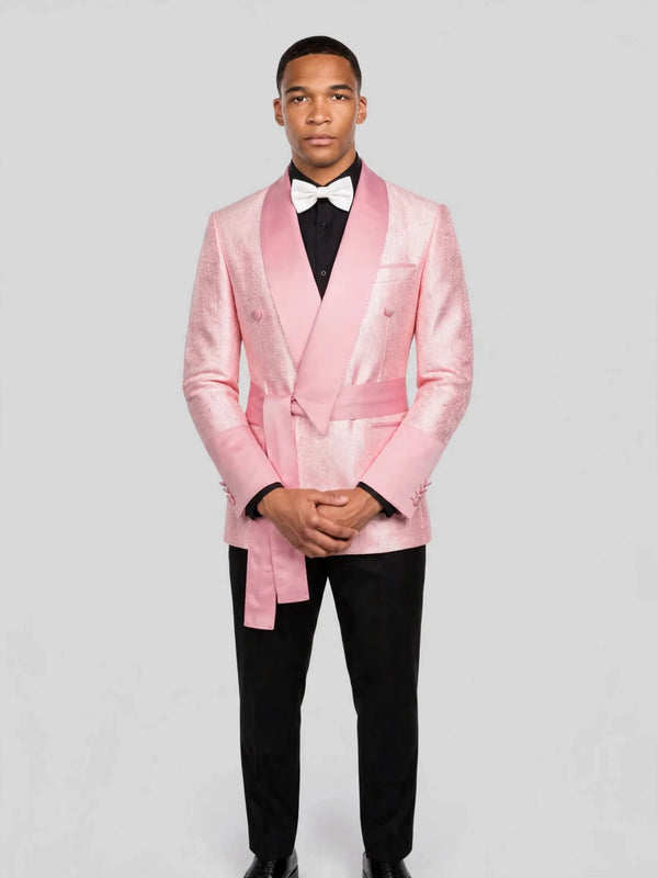 Blush Pink Silver-Speckle Satin Sash-Belt Shawl-Collar Tuxedo Jacket 05