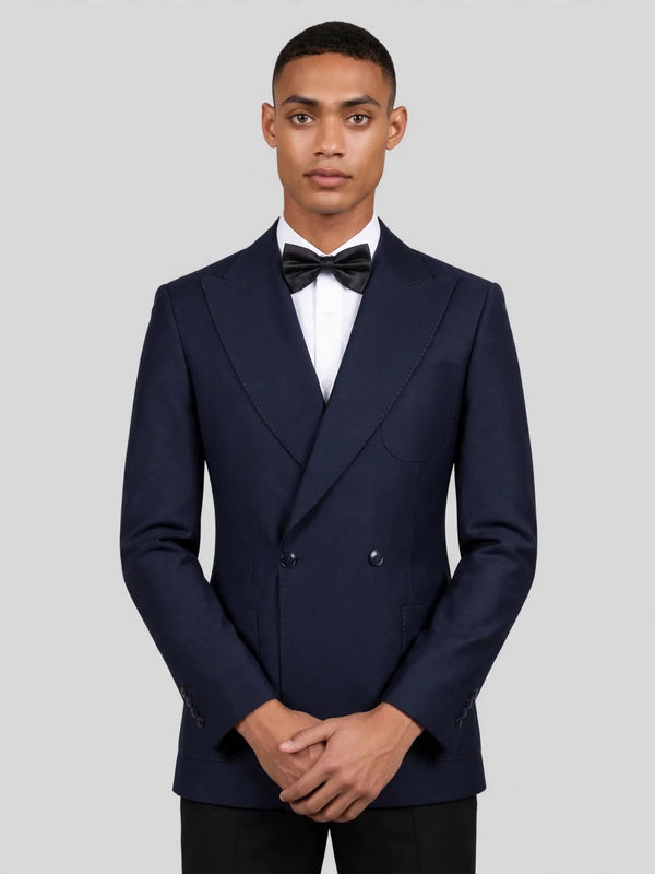 Midnight Navy Patch-Pocket Pick-Stitch Peak-Lapel Double-Breasted Tuxedo Jacket 02
