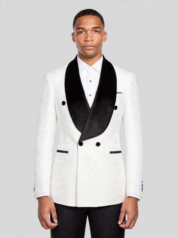 Ivory Black Velvet Shawl-Collar Double-Breasted Tuxedo Jacket 01