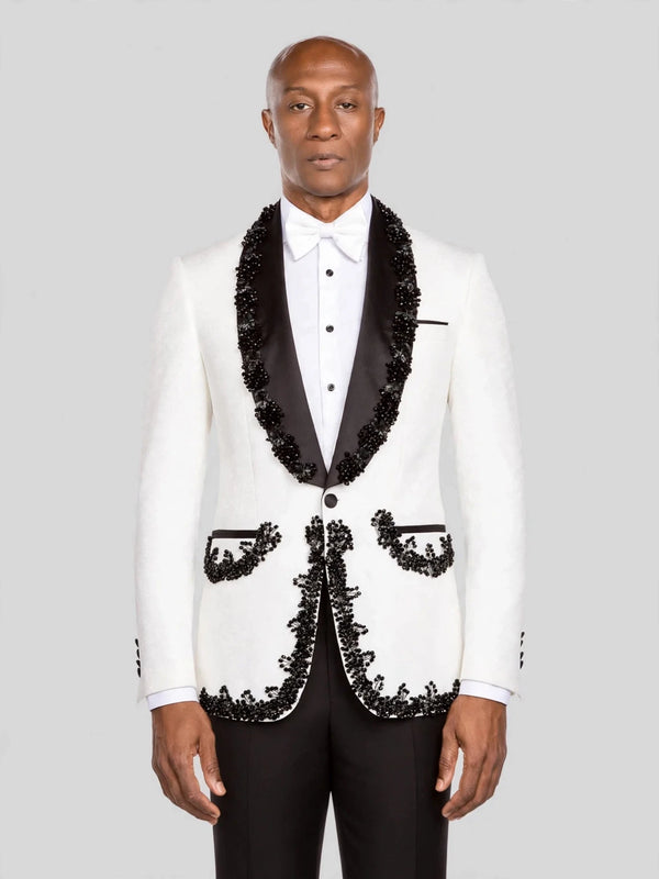 Ivory Jet Beaded-Edge Shawl-Collar Tuxedo Jacket - cover