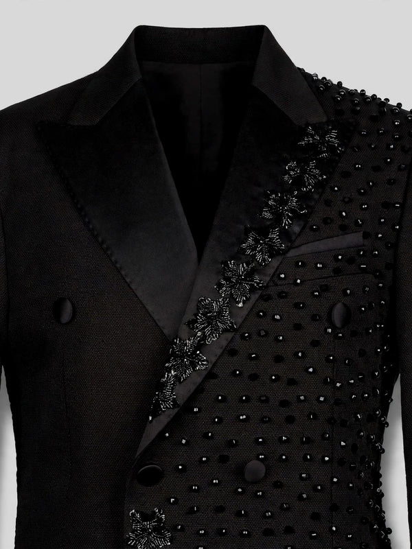 Onyx Jet Half-Bead Diagonal Peak-Lapel Double-Breasted Tuxedo Jacket 08