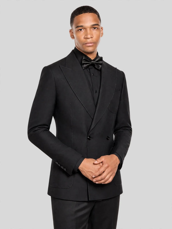 Onyx Pick-Stitch Patch-Pocket Peak-Lapel Double-Breasted Tuxedo Jacket 06