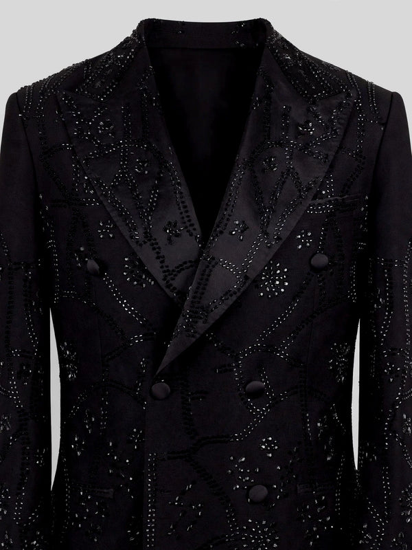 Onyx Jet Beaded Scroll-Vine Peak-Lapel Double-Breasted Tuxedo Jacket 08