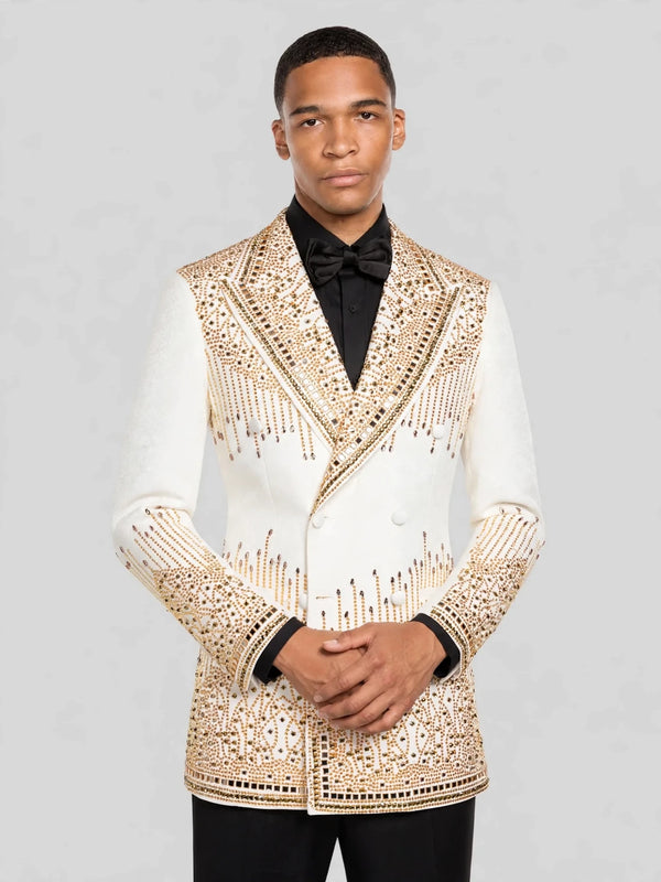 Ivory Champagne Mirror-Stud Crystal Cascade Peak-Lapel Double-Breasted Tuxedo Jacket 06