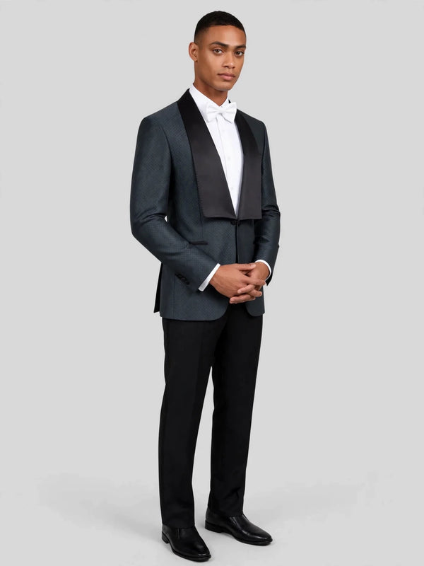 Slate Grey Diamond-Texture Satin Shawl-Collar Tuxedo Jacket 03