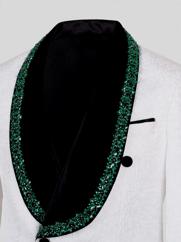Ivory Emerald Crystal-Trim Black Shawl-Collar Double-Breasted Tuxedo Jacket 08