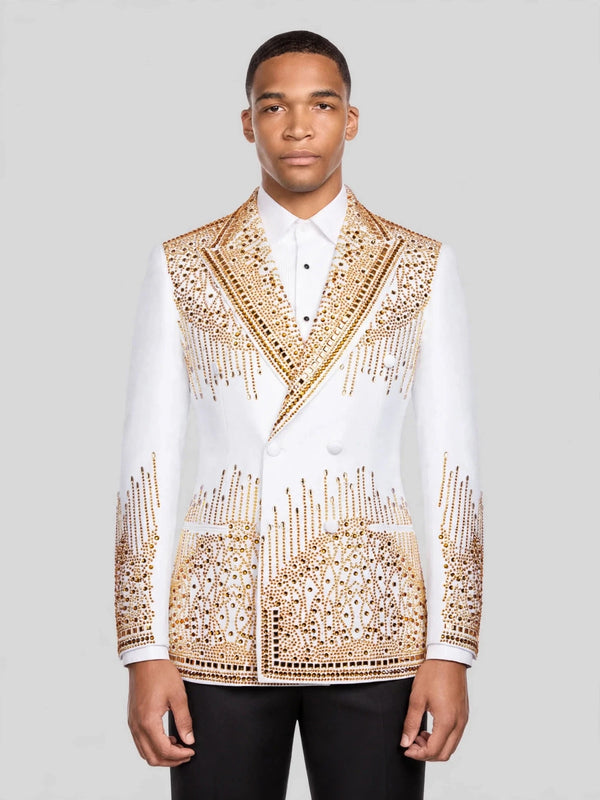 Ivory Gold Crystal Cascade Peak-Lapel Double-Breasted Tuxedo Jacket 01