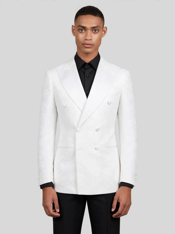 Snow White Paisley-Jacquard Satin Peak-Lapel Six-Button Double-Breasted Tuxedo Jacket 04