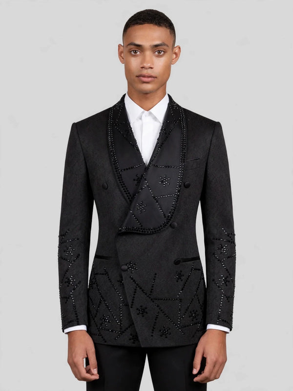 Onyx Jet Constellation-Bead Shawl-Collar Double-Breasted Tuxedo Jacket 01