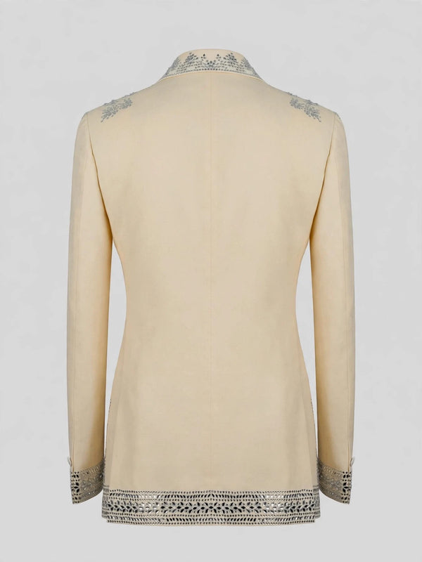 Cream Silver Mirror-Leaf Peak-Lapel Double-Breasted Tuxedo Jacket 09