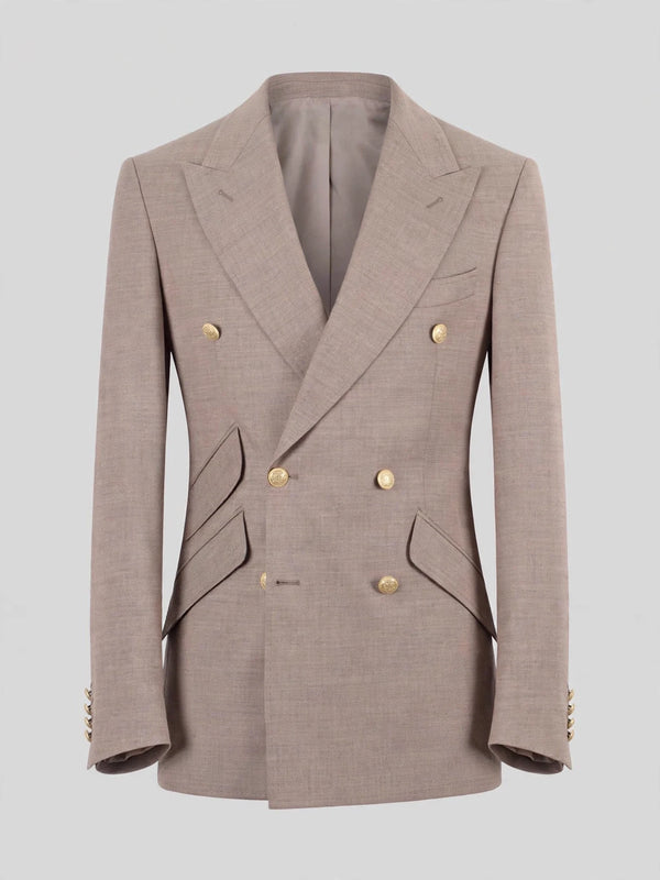 Taupe Gold-Button Slant-Flap Peak-Lapel Double-Breasted Suit Jacket 07
