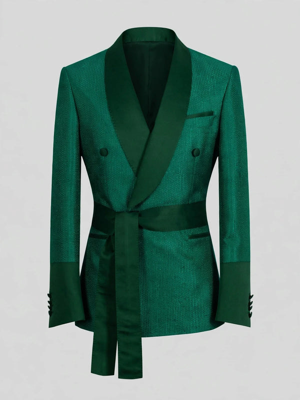 Emerald Micro-Dot Dark-Green Satin Shawl-Collar Belted Double-Breasted Tuxedo Jacket 07