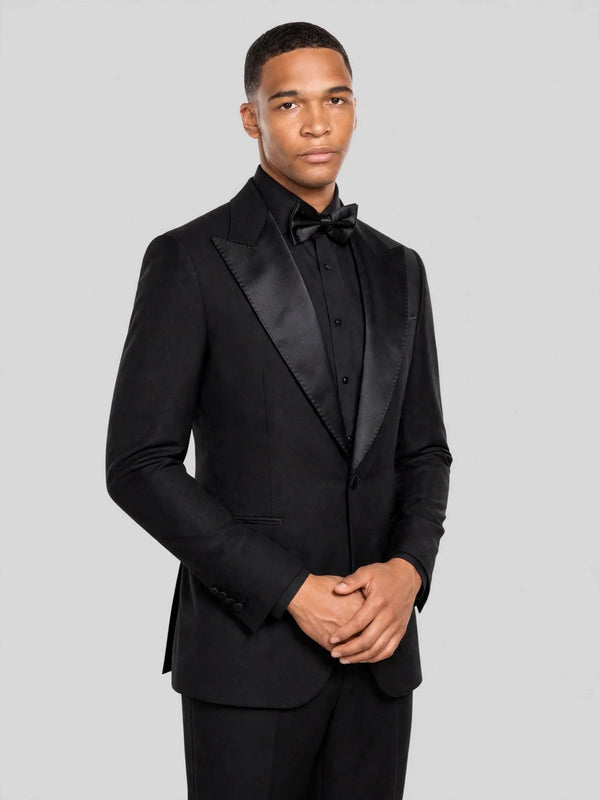 Onyx Smooth Pick-Stitch Jetted-Pocket Peak-Lapel Tuxedo Jacket 06