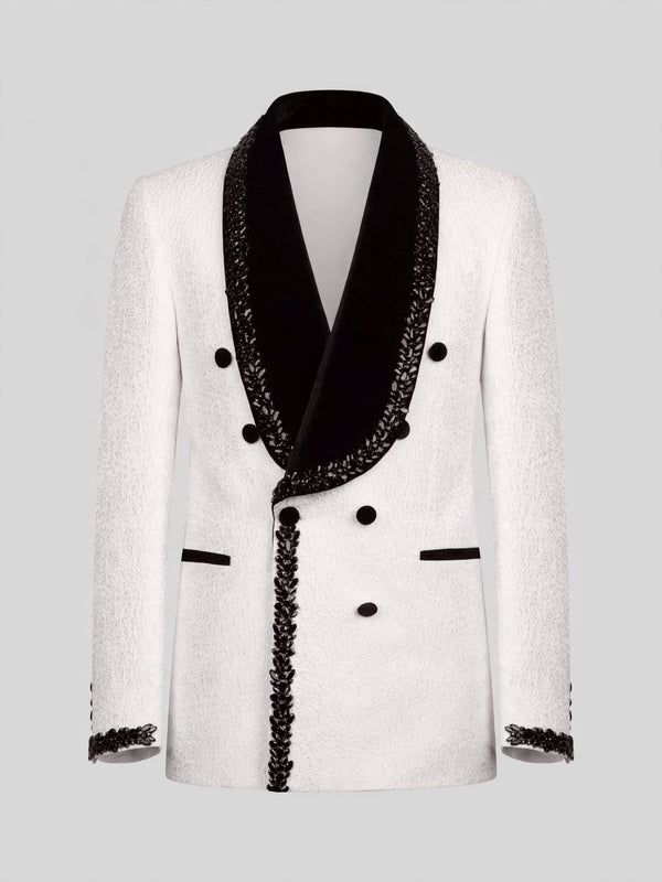 Ivory Jet-Leaf Velvet Shawl-Collar Double-Breasted Tuxedo Jacket 07