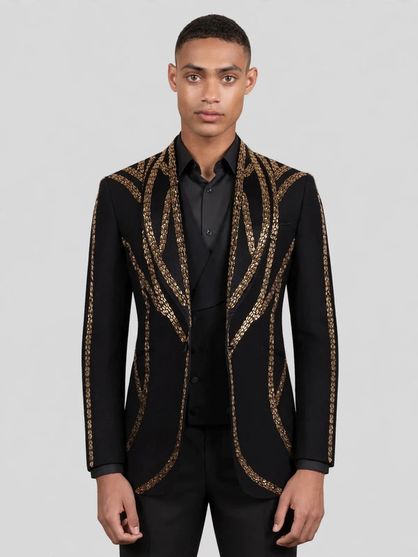Onyx Gold Sequin Wave Peak-Lapel Tuxedo Jacket 04