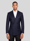 Deep Midnight Navy Pinstripe Six-Button Peak-Lapel Double-Breasted Suit Jacket 01