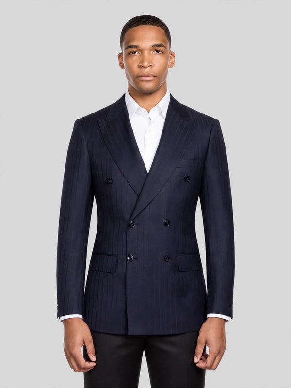 Deep Midnight Navy Pinstripe Six-Button Peak-Lapel Double-Breasted Suit Jacket 01