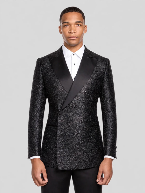 Onyx Silver-Speckle Satin Peak-Lapel Two-Button Double-Breasted Tuxedo Jacket 01