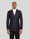 Midnight Navy Tonal Shadow-Stripe Six-Button Peak-Lapel Double-Breasted Suit Jacket - cover