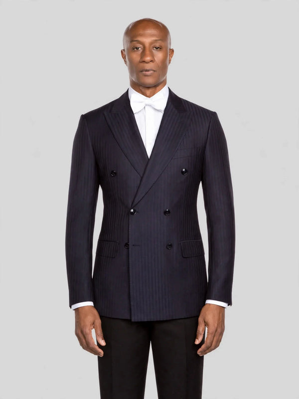 Midnight Navy Tonal Shadow-Stripe Six-Button Peak-Lapel Double-Breasted Suit Jacket - cover