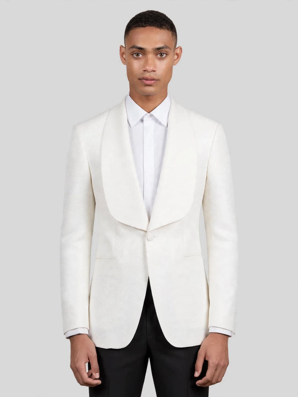 Ivory Diamond-Texture Shawl-Collar Tuxedo Jacket 01