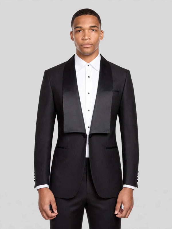 Onyx Square-End Satin Shawl-Collar Link-Front Tuxedo Jacket 01