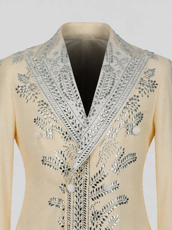 Cream Silver Mirror-Leaf Peak-Lapel Double-Breasted Tuxedo Jacket 08