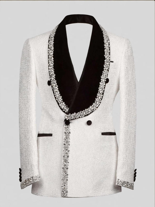 Ivory Silver Crystal Velvet Shawl-Collar Double-Breasted Tuxedo Jacket 07
