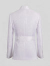 Snow White Micro-Dot Satin Shawl-Collar Belted Double-Breasted Tuxedo Jacket 09