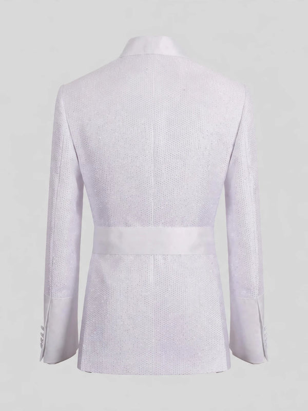 Snow White Micro-Dot Satin Shawl-Collar Belted Double-Breasted Tuxedo Jacket 09