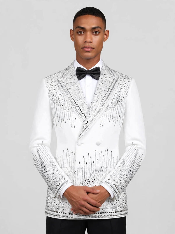 Ivory Silver Crystal Cascade Peak-Lapel Double-Breasted Tuxedo Jacket - cover