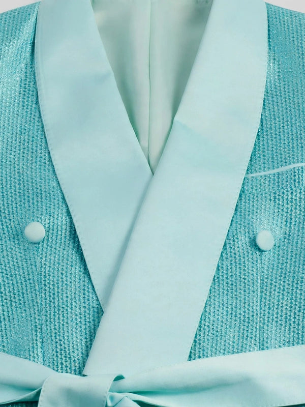 Aqua Mint Micro-Weave Satin Sash-Belt Shawl-Collar Tuxedo Jacket 08