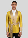 Mustard Gold Belted Satin Shawl-Collar Two-Button Double-Breasted Tuxedo Jacket 01