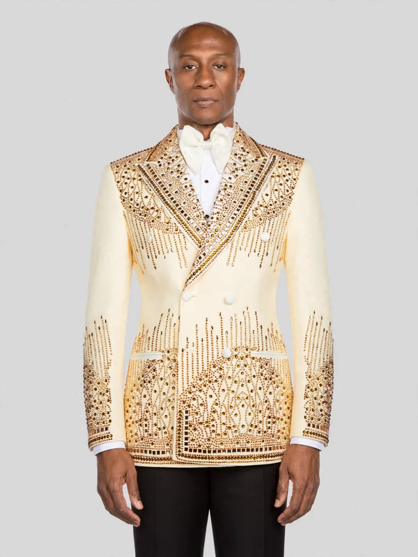 Cream Gold Crystal Cascade Peak-Lapel Double-Breasted Tuxedo Jacket - cover