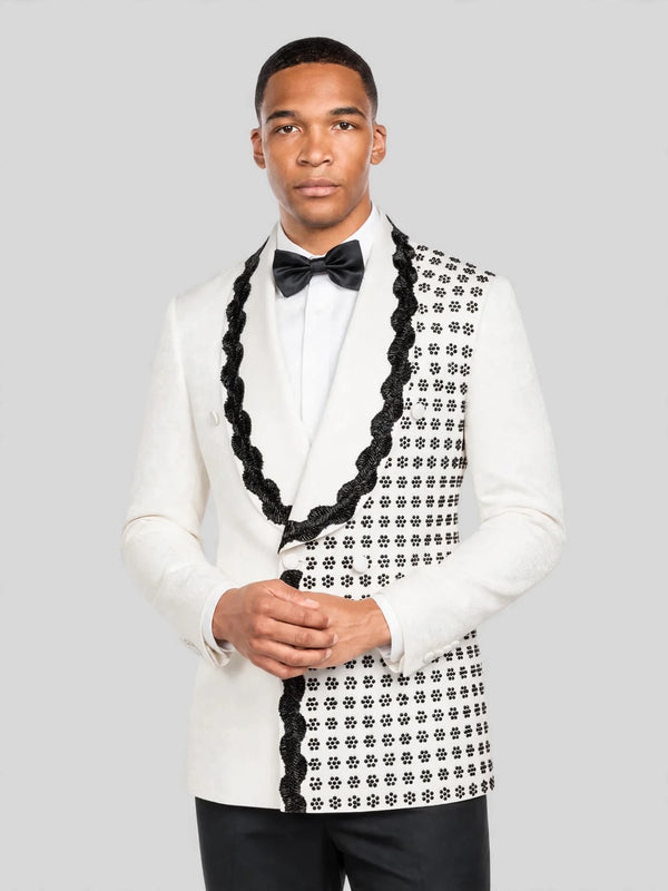 Ivory Jet Floral-Grid Scalloped Shawl-Collar Double-Breasted Tuxedo Jacket 02