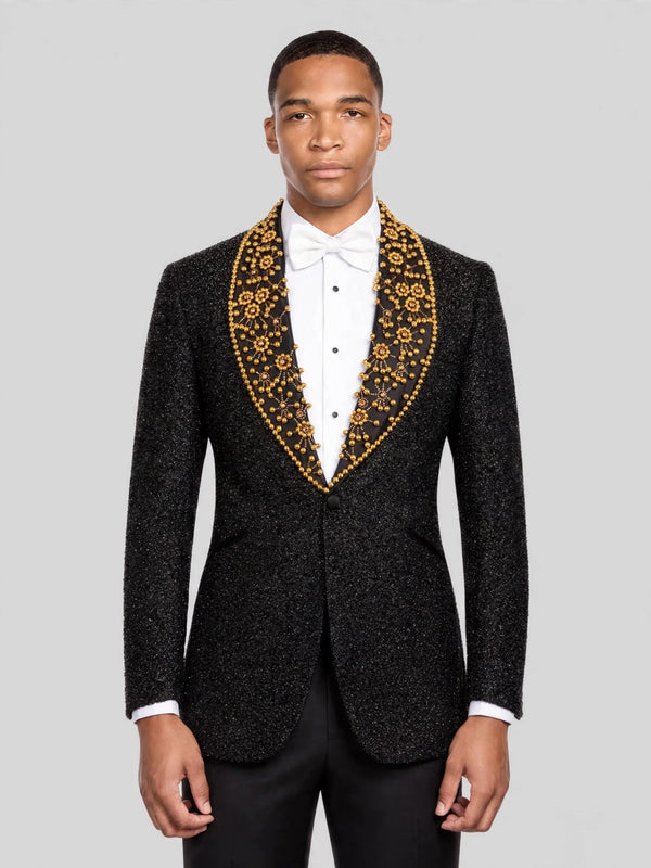 Onyx Gold Pearl-Floral Shawl-Collar Tuxedo Jacket 03
