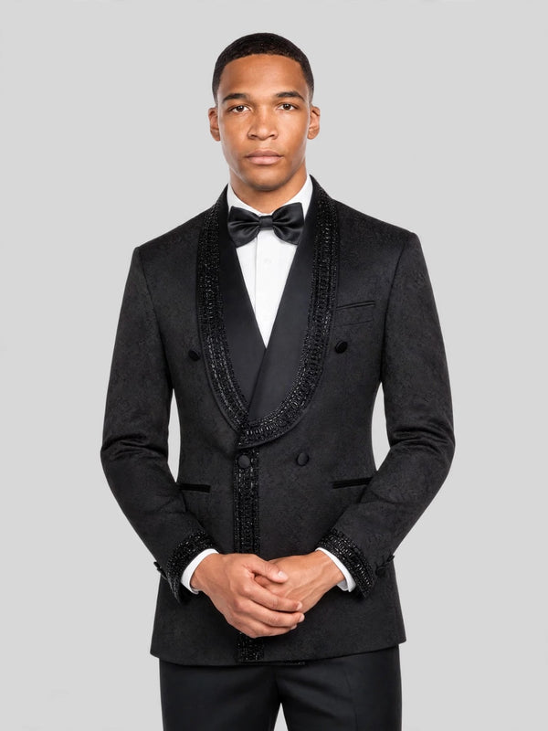 Onyx Jet Beaded-Trim Shawl-Collar Double-Breasted Tuxedo Jacket 02