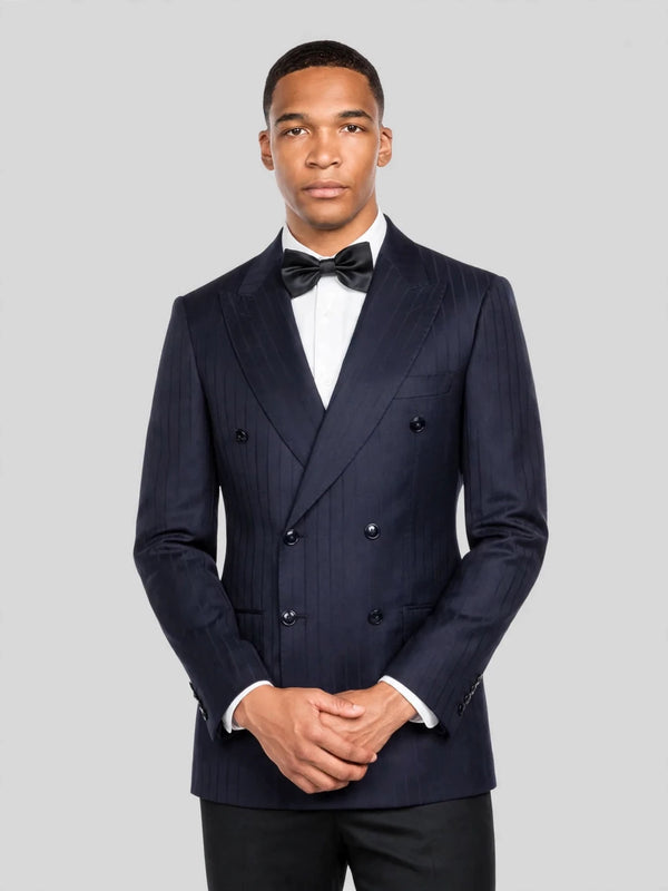 Deep Midnight Navy Pinstripe Six-Button Peak-Lapel Double-Breasted Suit Jacket 02