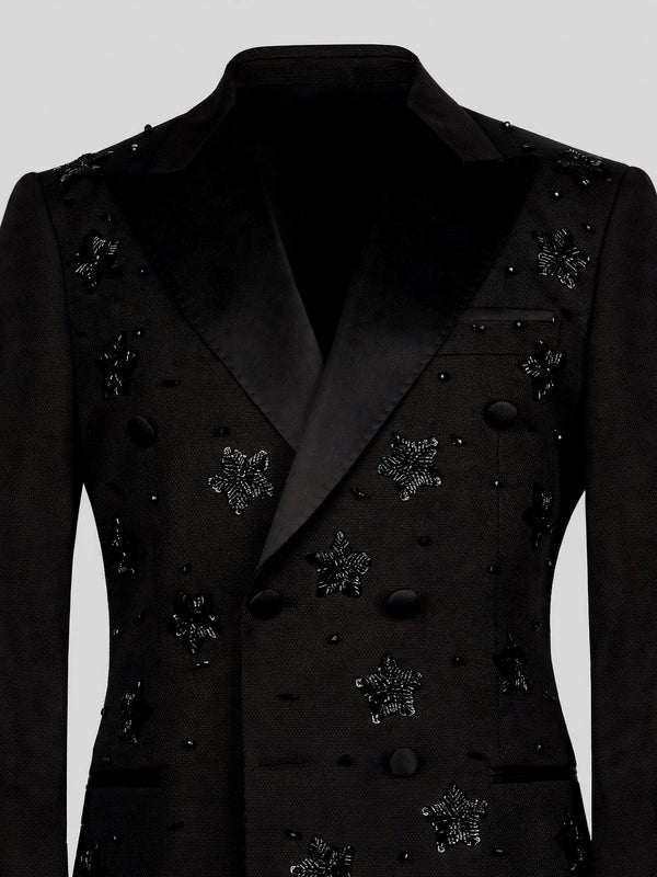 Onyx Jet Star-Bead Peak-Lapel Double-Breasted Tuxedo Jacket 08