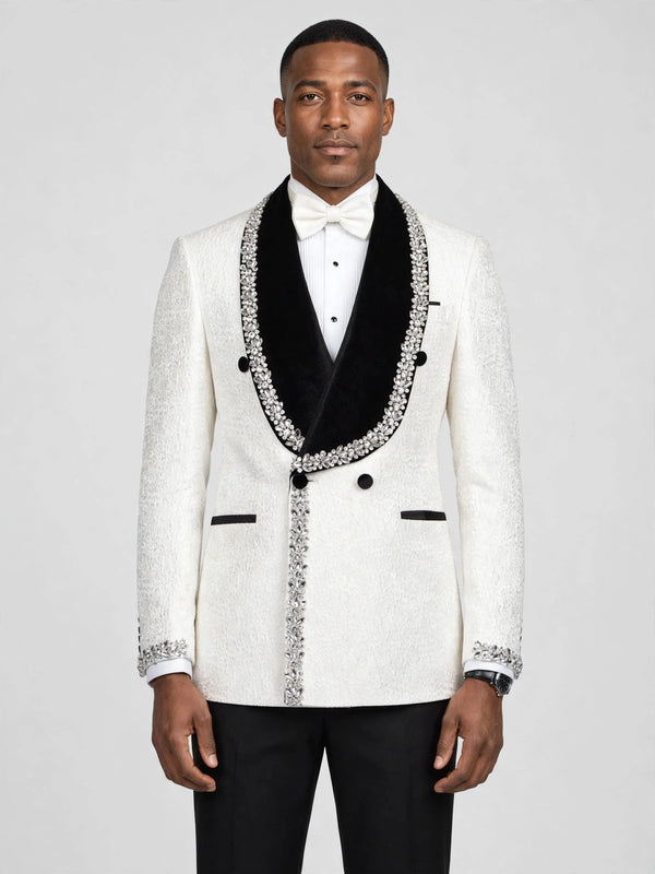Ivory Silver Crystal Velvet Shawl-Collar Double-Breasted Tuxedo Jacket - cover