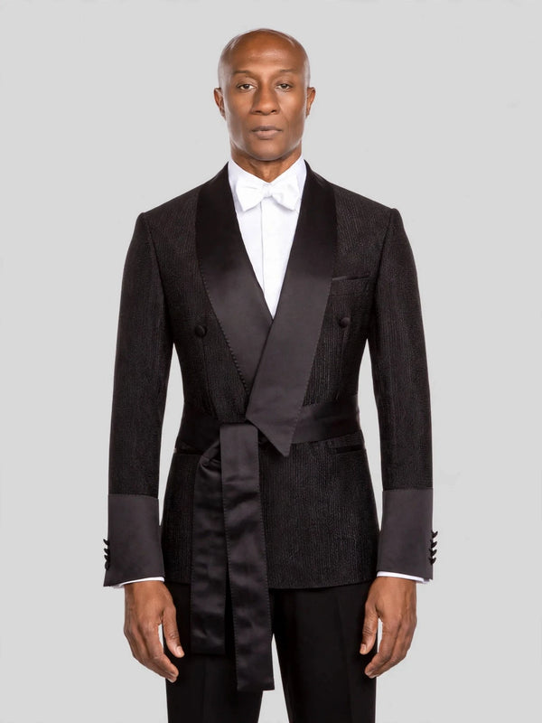 Onyx Ribbed-Weave Satin Shawl-Collar Sash-Belt Two-Button Double-Breasted Tuxedo Jacket - cover