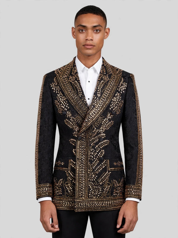 Onyx Gold Fern Crystal Peak-Lapel Double-Breasted Tuxedo Jacket 01