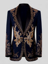 Midnight Navy Gold Crystal Floral Shawl-Collar Tuxedo Jacket 07
