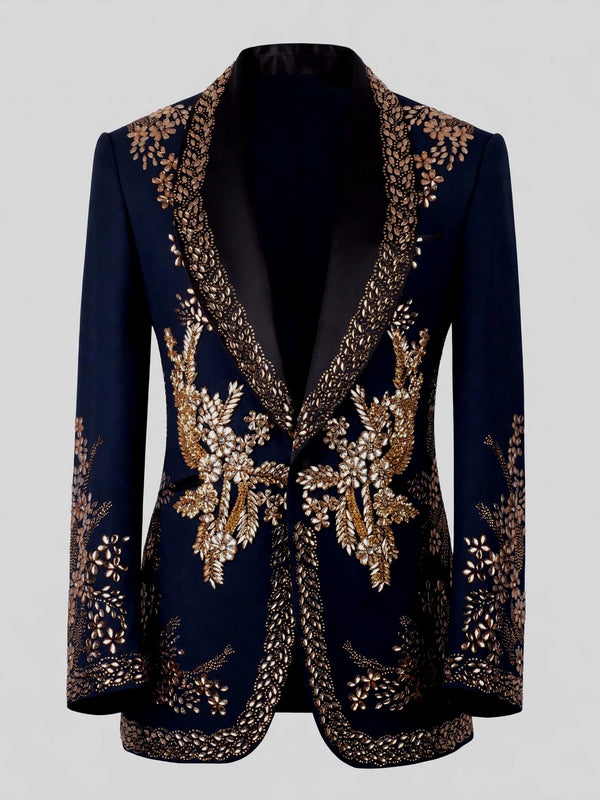 Midnight Navy Gold Crystal Floral Shawl-Collar Tuxedo Jacket 07