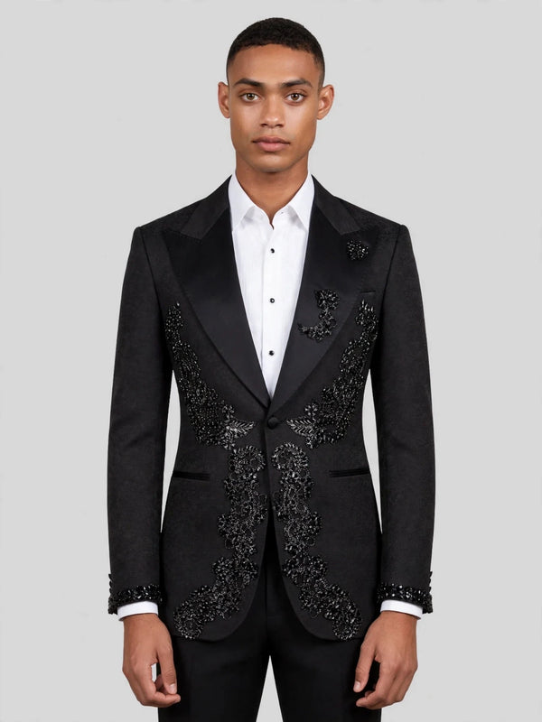 Onyx Jet Lace-Motif Peak-Lapel Tuxedo Jacket 01