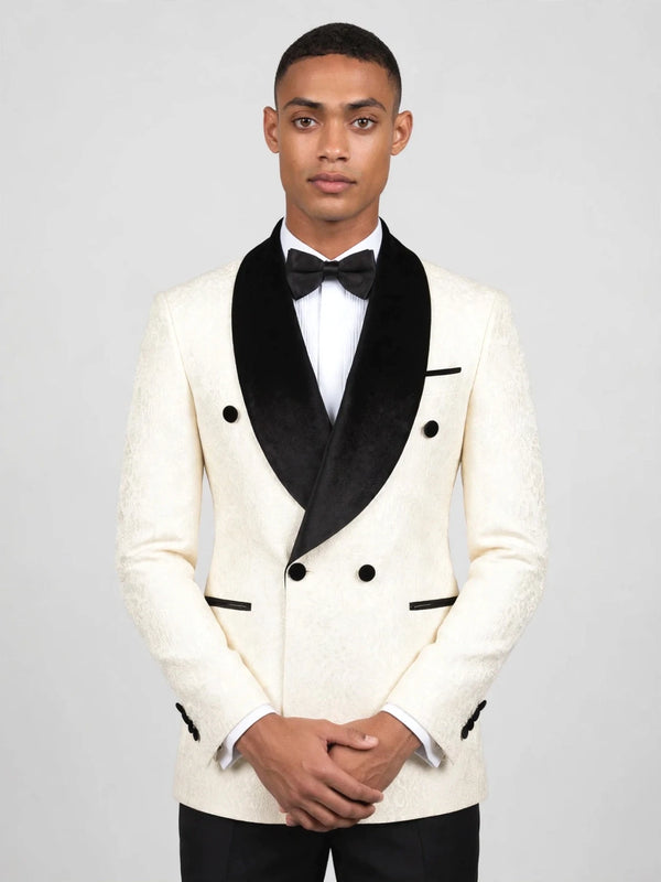 Ivory Grain-Jacquard Black Velvet Shawl-Collar Double-Breasted Tuxedo Jacket 02