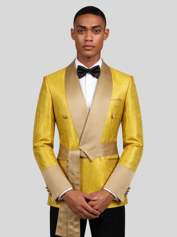 Mustard Gold Belted Satin Shawl-Collar Two-Button Double-Breasted Tuxedo Jacket 02