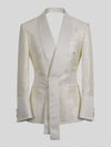 Ivory Cream Micro-Weave Satin Shawl-Collar Belted Double-Breasted Tuxedo Jacket 07