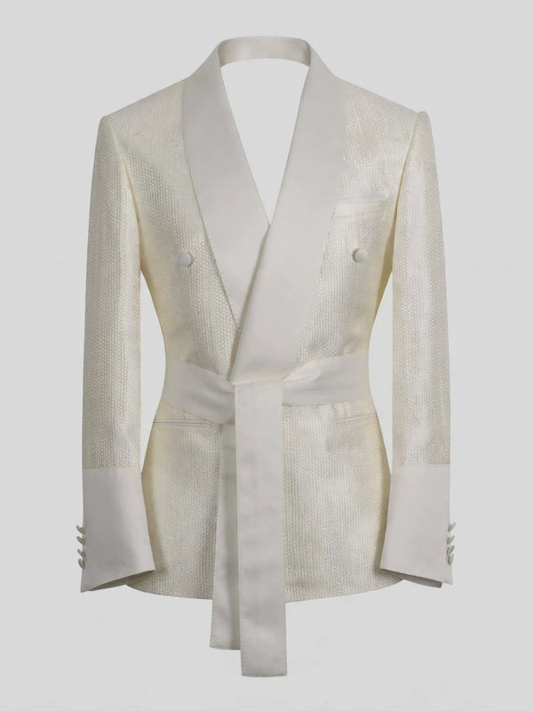 Ivory Cream Micro-Weave Satin Shawl-Collar Belted Double-Breasted Tuxedo Jacket 07